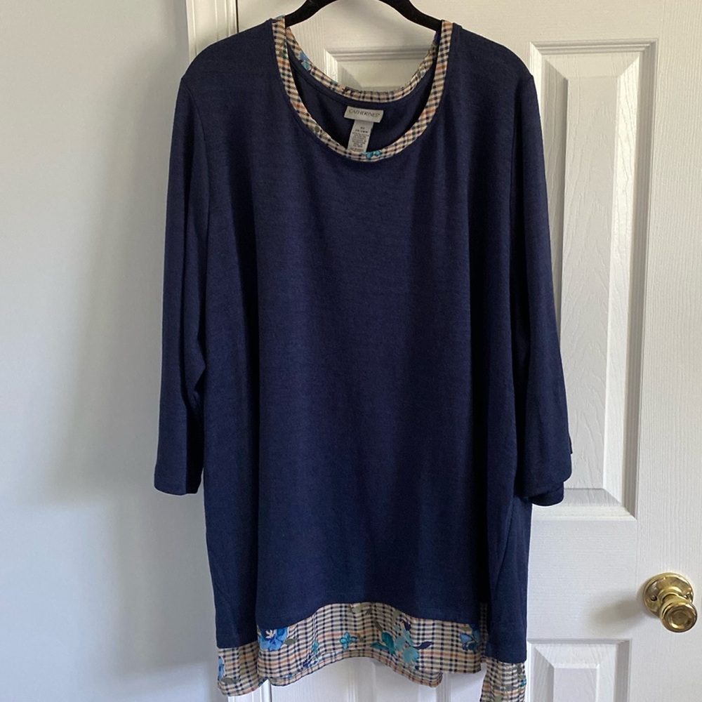 Catherine's Womens Plus Size 3X 26/28 Blue Knit Floral Plaid Trim Top 3/4 Sleeve